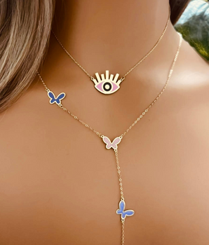 18KT Gold Butterfly & Eye of Protection Enamel Necklace