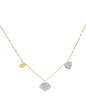 18KT Gold Golden Hearts & Zircon Lips Necklace