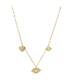 18KT Gold Golden Hearts & Zircon Lips Necklace