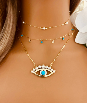 18KT Gold Pearled Serenity & Evil Eye Necklace