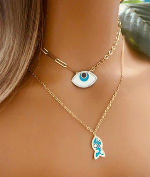 18KT Gold Enamel Fishcut & Evil Eye Necklaces