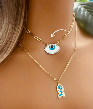 18KT Gold Enamel Fishcut & Evil Eye Necklaces