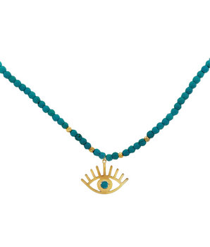 18KT Gold Eye with Blue Beads Thread Necklace