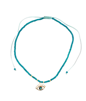 18KT Gold Eye with Blue Beads Thread Necklace