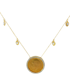 18KT Gold Dangling Zircon with British Coin Necklace