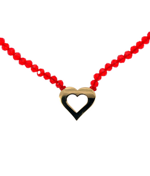 18KT Gold Heart Shaped Choker with Red Beads