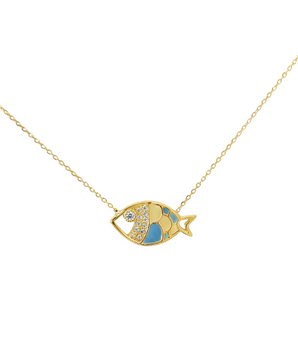 18KT Gold Enamel Fish Necklace with Zircon