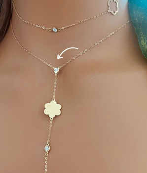 18KT Gold Flower Necklace with Zircon and White Pearl