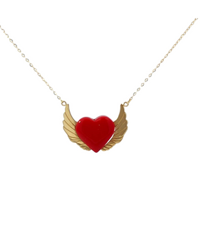 18KT Gold Red Heart with Wings Necklace