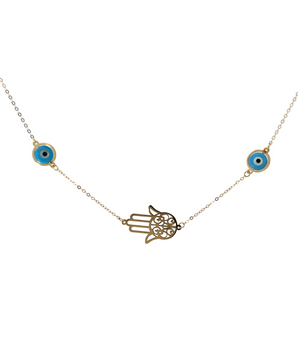 18KT Gold Hand with Blue Evil Eyes Necklace