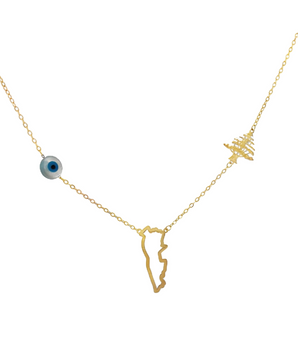 18KT Gold Map Necklace with Evil Eye and Cedar Tree