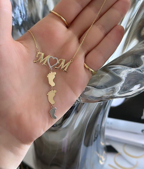 18KT Gold Mom with Children's Feet Necklace