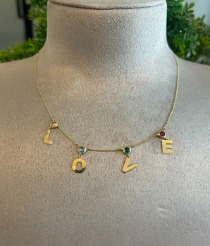 18KT Gold LOVE Necklace with Precious Stones