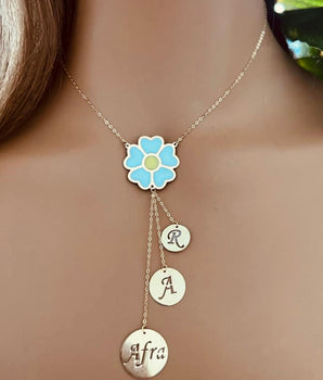 18KT Gold Enamel Flower with Customizable Initial and Name Necklace | Ladies Gold Necklace | ZS Jewelry
