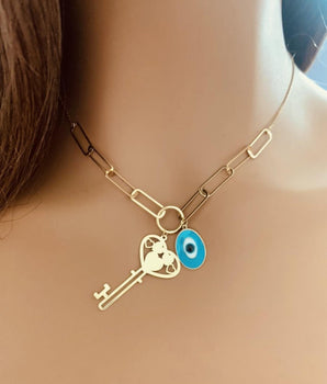 18KT Gold Key Heart Evil Eye Enamel Necklace | Ladies Gold Necklace | ZS Jewelry