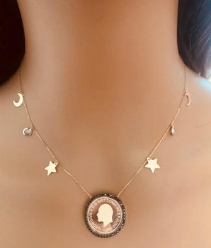 18KT Gold Full Lira Stamp Necklace with Semi Precious Stone | Ladies Gold Necklace | ZS Jewelry