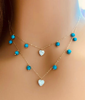 18KT Gold Heart Zircon Multi Layered Necklace with Fairouz | Ladies Gold Necklace | ZS Jewelry