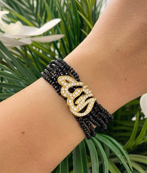18KT Gold "Allah" Onyx Bracelet with Zircon | Ladies Gold Bracelet | ZS Jewelry