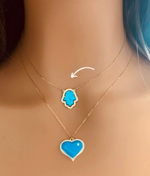 18KT Gold Blue Enamel Hamza Heart Necklaces