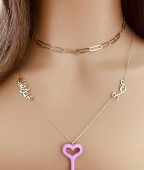 Set of 2 18KT Gold Chain and Resin Pink Key "Patience" with Diamonds Necklaces | Ladies Gold Necklace | ZS Jewelry