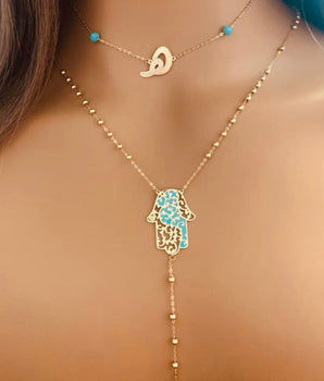 Set of 2 18KT Gold Customizable Initial and Hamsa Hand Enamel Star Necklaces | Ladies Gold Necklace | ZS Jewelry