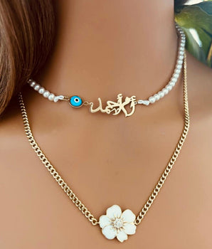 Set of 2 18KT Gold Customizable Opal Eye Pearl Choker and Enamel Flower with Zircon Necklaces | Ladies Gold Necklace | ZS Jewelry