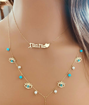 Set of 2 18KT Gold Customizable "Child's Handwriting" and Evil Eye with Pearl and Fairouz Necklaces | Ladies Gold Necklace | ZS Jewelry