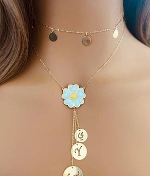 Set of 2 18KT Gold Dangle Disc Choker and Enamel Flower with Customizable Initial and Name Necklaces | Ladies Gold Necklace | ZS Jewelry