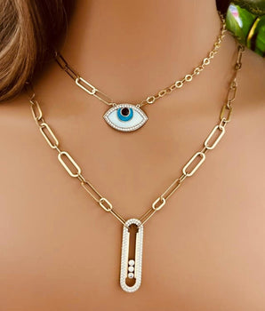Set of 2 18KT Gold Enamel Eye Choker with Zircon and Move Pendant with Diamonds Paperclip Chain Necklaces | Ladies Gold Necklace | ZS Jewelry