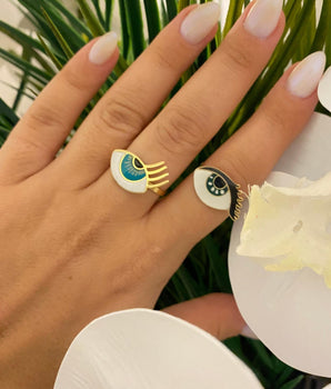 Set of 2 18KT Gold Enamel Eye Rings | Ladies Gold Ring | ZS Jewelry