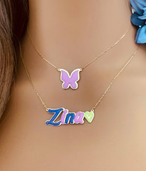 Set of 2 18KT Gold Enamel Pink Butterfly and Customizable Name Necklaces | Ladies Gold Necklace | ZS Jewelry