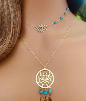 Set of 2 18KT Gold Eye Choker and Dream Catcher Necklaces with Fairouz | Ladies Gold Necklace | ZS Jewelry