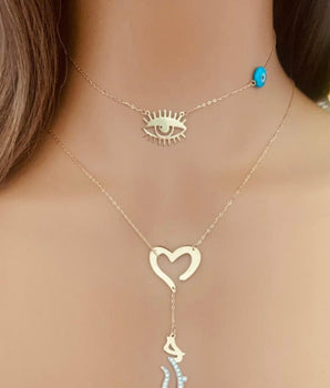 Set of 2 18KT Gold Eye Pendant and Gold Heart "Love" Necklaces | Ladies Gold Necklace | ZS Jewelry