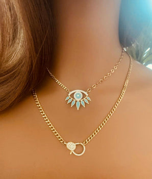 Set of 2 18KT Gold Eye with Zircon and Enamel and Clasp with Zircon Necklaces | Ladies Gold Necklace | ZS Jewelry