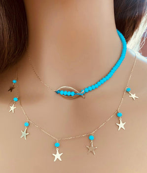 Set of 2 18KT Gold Fairouz Chocker and Stars Dangle Necklaces | Ladies Gold Necklace | ZS Jewelry