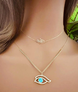 Set of 2 18KT Gold Hamsa Hand Choker and Evil Eye Pendant with Zircon Necklaces | Ladies Gold Necklace | ZS Jewelry