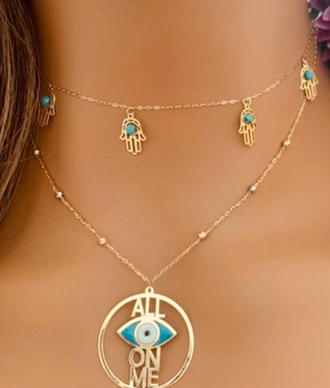 Set of 2 18KT Gold Hamsa Hand Fairouz and "All Eye On Me" Enamel Necklaces | Ladies Gold Necklace | ZS Jewelry