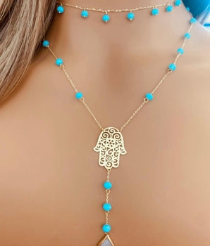 Set of 2 18KT Gold Hamsa Hand and Opal Eye with Fairouz Station Necklaces | Ladies Gold Necklace | ZS Jewelry