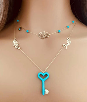 Set of 2 18KT Gold Hamsa Hand with Fairouz Beads and Resin Blue Key "Patience" with Diamonds Necklaces | Ladies Gold Necklace | ZS Jewelry