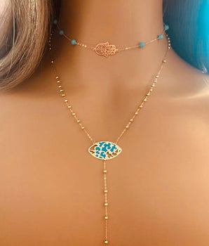 Set of 2 18KT Gold Hamsa Hand with Fairouz and Eye with Enamel Star Necklaces | Ladies Gold Necklace | ZS Jewelry