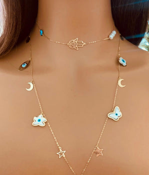 Set of 2 18KT Gold Hamsa Hand with Pearl and Resin Eye with Pendants Necklaces | Ladies Gold Necklace | ZS Jewelry