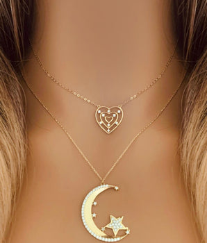 Set of 2 18KT Gold Heart and Crescent Moon Star Necklaces with Zircon | Ladies Gold Necklace | ZS Jewelry