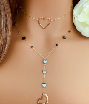 Set of 2 18KT Gold Heart and Crystal Heart Station Necklaces | Ladies Gold Necklace | ZS Jewelry