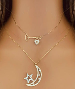 Set of 2 18KT Gold Key Heart Padlock and Crescent Moon Star Necklaces | Ladies Gold Necklace | ZS Jewelry