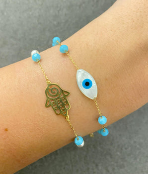 Set of 2 18KT Gold Opal Eye with Crystals and Hamsa Hand with Pearl and Crystals Bracelets | Ladies Gold Bracelet | ZS Jewelry
