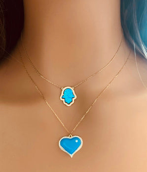 Set of 2 18KT Gold Opal Hamsa Hand and Enamel Heart Pendant Necklaces with Zircons | Ladies Gold Necklace | ZS Jewelry