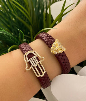 Set of 2 18KT Gold Panther and Hamsa Hand Leather Bracelets with Zircon | Ladies Gold Bracelet | ZS Jewelry