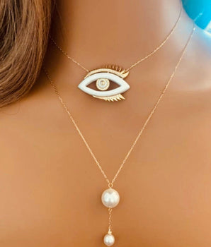Set of 2 18KT Gold Pearl Eye and Lariat Pearl Beads Necklaces | Ladies Gold Necklace | ZS Jewelry