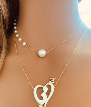 Set of 2 18KT Gold Pearl and "Mom" with Diamonds Necklaces | Ladies Gold Necklace | ZS Jewelry