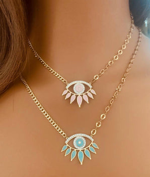 Set of 2 18KT Gold Pink Enamel Eye and Blue Enamel Eye Necklaces with Zircon | Ladies Gold Necklace | ZS Jewelry